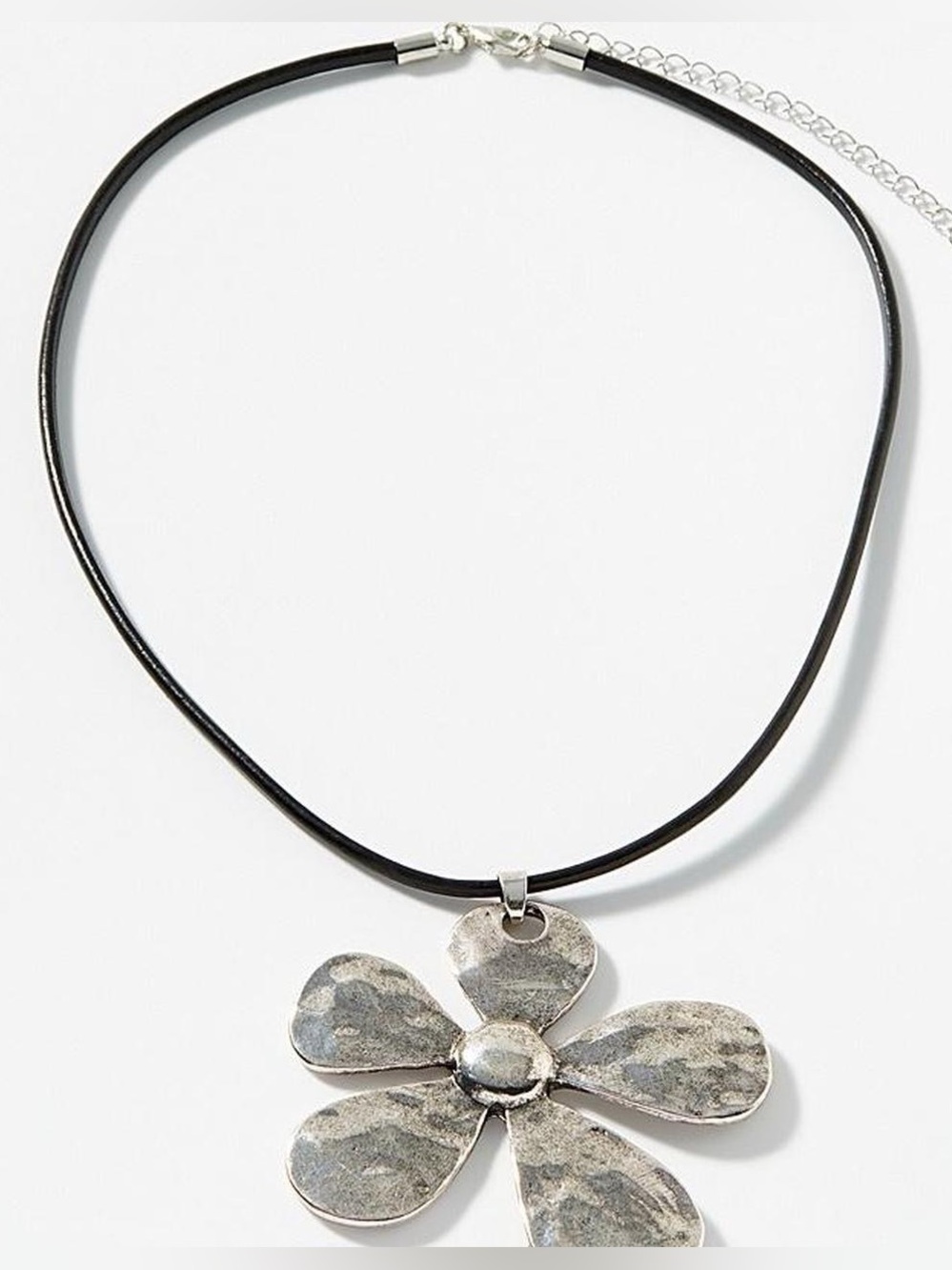 Simons Silver Flower Pendant Necklace with Black Cord
